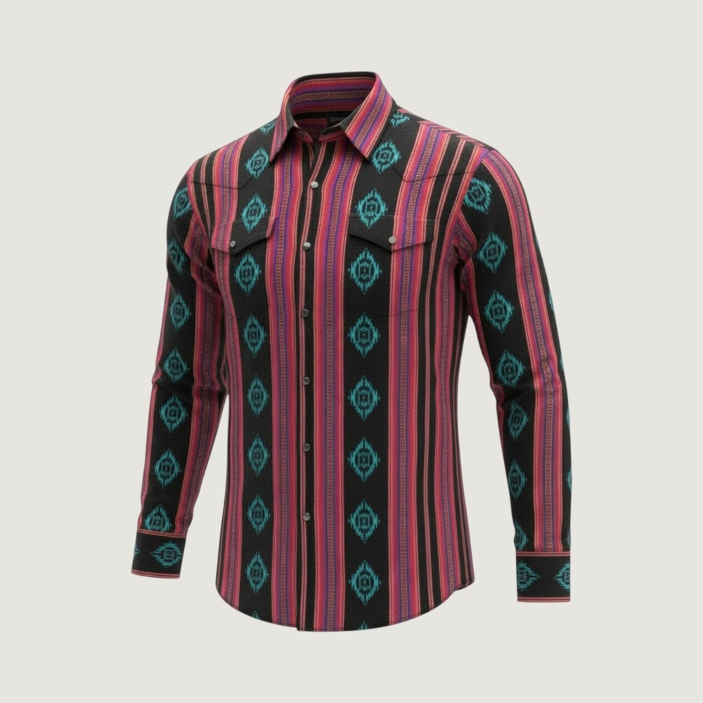 Wrangler Cowboy Cut Shirt Mens 15.5-34 Black Aztec Stripe‎ Pearlsnap brushpopper